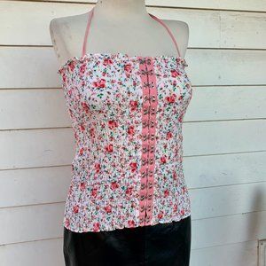 Vintage Betsey Johnson 90 2000 y2k Corset Halter Floral Garden Top Ruched Pink
